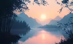 the sun is rising over the mountains above the water