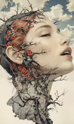 the face of a woman with branches and clouds in the background