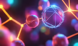 a purple, blue and orange ball is next to an array of glowing balls