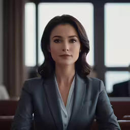 a woman in business attire smiling and sitting at a desk