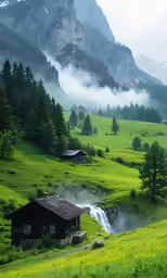 a small, rustic cabin in a valley surrounded by green fields and a mountain range