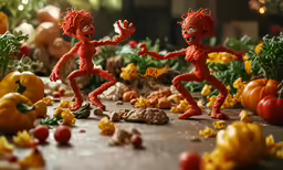 two figurines made of various fruits and vegetables