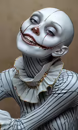 an image of a creepy clown that is wearing a stripped outfit