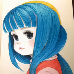 a woman with bright blue hair has bangs that have been drawn to resemble her face