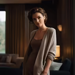 there is a woman in the living room next to a couch