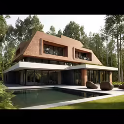 a house with a water fountain and lush green trees