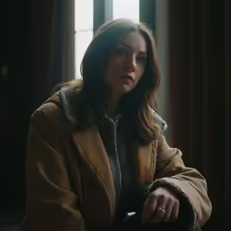 a woman in a brown coat is sitting near a window