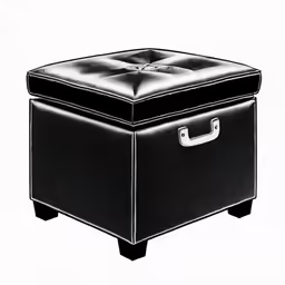 a black leather ottoman is sitting upright