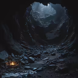 the fire is sitting in the middle of a cave