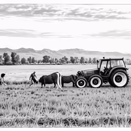 the farm animals are grazing and working in the field
