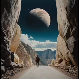 a person walking in an empty road under an moon