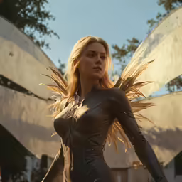 a woman dressed as a fairy standing next to an object