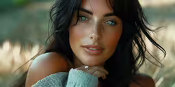 an image of an attractive woman with freckled hair,a model in a sweater is shown posing for a photo
