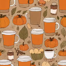 the pattern for coffee and pumpkins on the ground,a pattern featuring cups of coffee with autumn decoration around the cup
