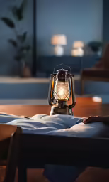 a candle in a small lantern on top of a bed