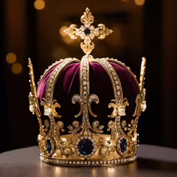 a gold crown with some blue and white stones
