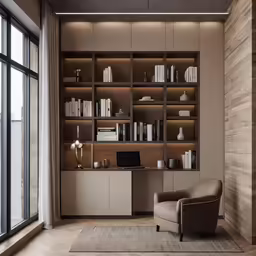 a room with some shelves full of books
