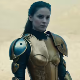 a woman wearing armor in a desert setting