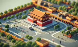 a model of an asian building with a lot of people walking around