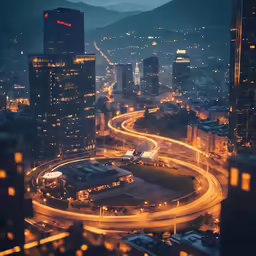 a cityscape at night with a ringed road in the center