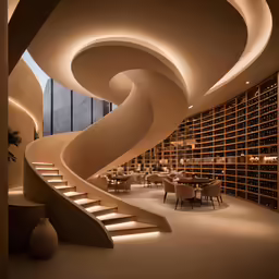 modern looking restaurant with spiral stair design