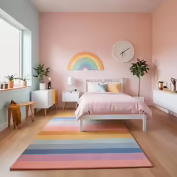 a pink bedroom with a rainbow rug in the middle