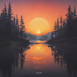 sunset on a mountain lake with pine trees and a bird in the distance