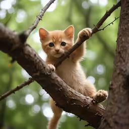 small kitten on branch in forest reaching towards camera