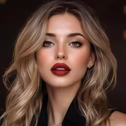 a woman with red lipstick and blonde hair