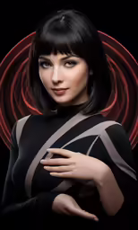 a woman is posing for a picture on a dark background