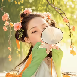 a young woman looking into a round mirror