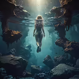 a woman is swimming through some very pretty deep water