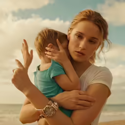 a woman hugs her daughter at the beach