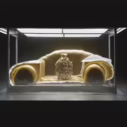 a sculpture of a car, that is in the center of an open air museum