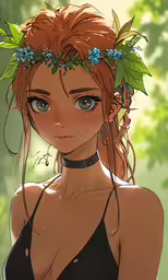 an anime character with leaves on her head