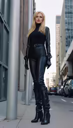 a beautiful blond lady in leather posing for the camera