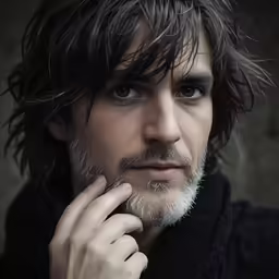 a man with long hair wearing a black coat