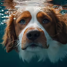 a dog underwater in the water with his head looking up
