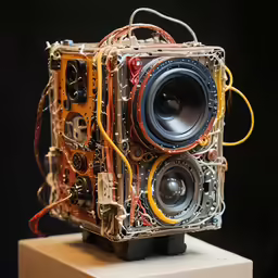 a multicolored speaker made of parts of electronics