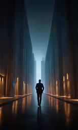 silhouetted man in long hallway with many building around