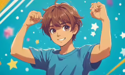 an anime boy is holding his fist up