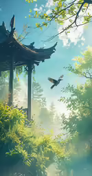 the sun shines brightly through the trees near an asian pavilion