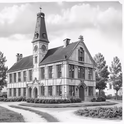 a black and white photo shows a large old building