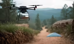a small remote controlled aircraft flying over a dirt road