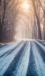 a street covered in snow next to a forest