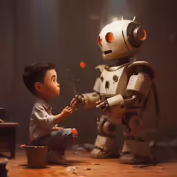 a kid holding a lighter sitting on the ground near a toy robot