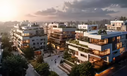 an aerial view of apartment buildings on a street