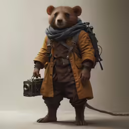a strange animal holding an old camera and a cellphone