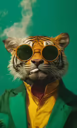 a tiger wearing sunglasses and smoking a cigarette