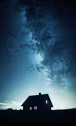 the sky with stars in it and a house in front